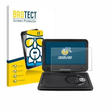 Face avant d’un emballage produit avec le logo de la marque BROTECT. À côté, l’appareil Soundmaster PDB1910SW DVD Player est r