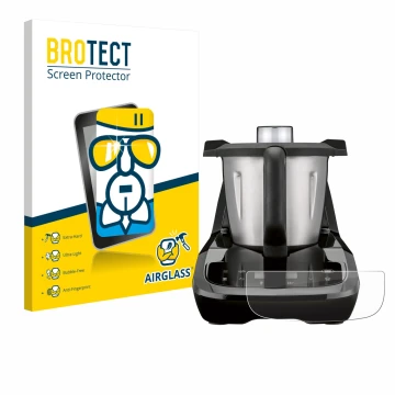 Face avant d’un emballage produit avec le logo de la marque BROTECT. À côté, l’appareil SilverCrest Monsieur Cuisine compact e