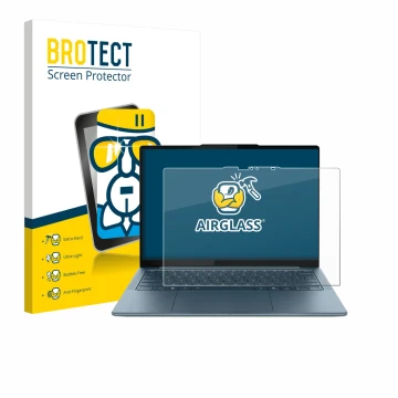 Face avant d’un emballage produit avec le logo de la marque BROTECT. À côté, l’appareil Lenovo Yoga Slim 7 Gen 10 14