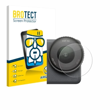 Face avant d’un emballage produit avec le logo de la marque BROTECT. À côté, l’appareil DJI Osmo Action 6 (Lentille) est repré