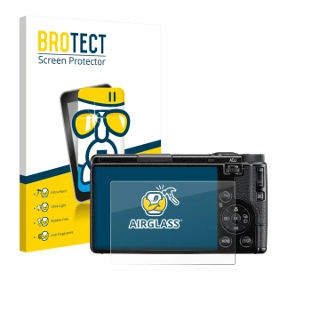 Face avant d’un emballage produit avec le logo de la marque BROTECT. À côté, l’appareil Ricoh GR IV HDF 2025 est représenté av