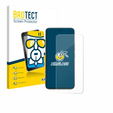 Face avant d’un emballage produit avec le logo de la marque BROTECT. À côté, l’appareil Xiaomi Redmi Note 15 Pro Plus 5G est r