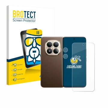 Face avant d’un emballage produit avec le logo de la marque BROTECT. À côté, l’appareil Xiaomi Redmi Note 15 Pro Plus 5G (Avan