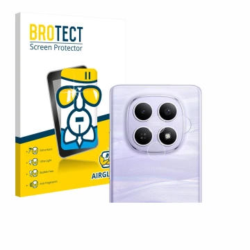 Face avant d’un emballage produit avec le logo de la marque BROTECT. À côté, l’appareil Xiaomi Redmi Note 15 (Caméra UNIQUEMEN