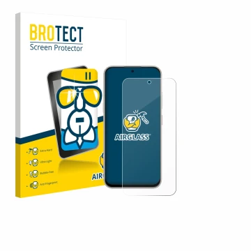 Face avant d’un emballage produit avec le logo de la marque BROTECT. À côté, l’appareil Nubia V80 Pro est représenté avec la p