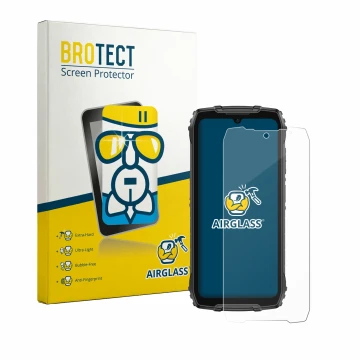 Face avant d’un emballage produit avec le logo de la marque BROTECT. À côté, l’appareil Ulefone RugKing 4 Pro est représenté a