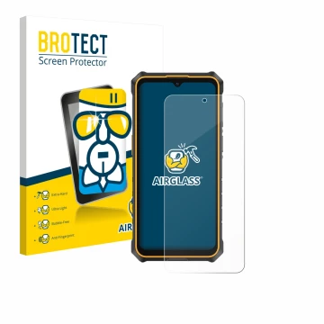 Face avant d’un emballage produit avec le logo de la marque BROTECT. À côté, l’appareil Ulefone RugKing 3 Pro est représenté a