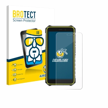 Face avant d’un emballage produit avec le logo de la marque BROTECT. À côté, l’appareil Ulefone RugKing 2 Pro est représenté a