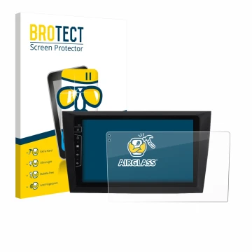 Face avant d’un emballage produit avec le logo de la marque BROTECT. À côté, l’appareil Dynavin D8-DF31 9