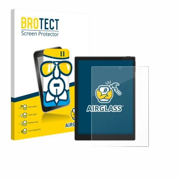 Face avant d’un emballage produit avec le logo de la marque BROTECT. À côté, l’appareil Hannspree Lumo 7.8 est représenté avec