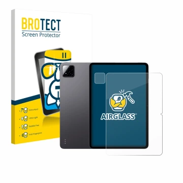 Face avant d’un emballage produit avec le logo de la marque BROTECT. À côté, l’appareil Xiaomi Pad 7 (Avant+Caméra) est représ