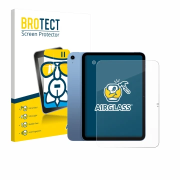 Face avant d’un emballage produit avec le logo de la marque BROTECT. À côté, l’appareil Apple iPad 10.9