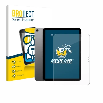 Face avant d’un emballage produit avec le logo de la marque BROTECT. À côté, l’appareil Apple iPad Air 11