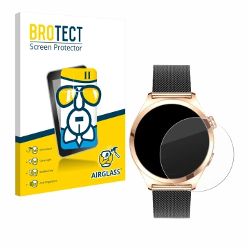 Face avant d’un emballage produit avec le logo de la marque BROTECT. À côté, l’appareil Niolina Smartwatch 1.27