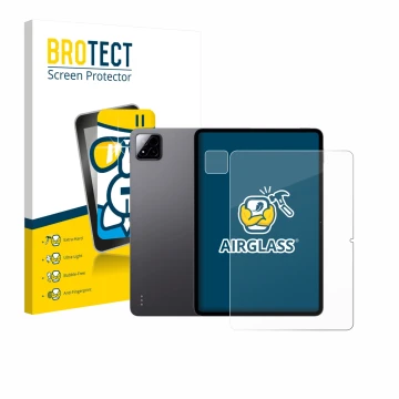 Face avant d’un emballage produit avec le logo de la marque BROTECT. À côté, l’appareil Xiaomi Pad 7 Pro (Avant+Caméra) est re