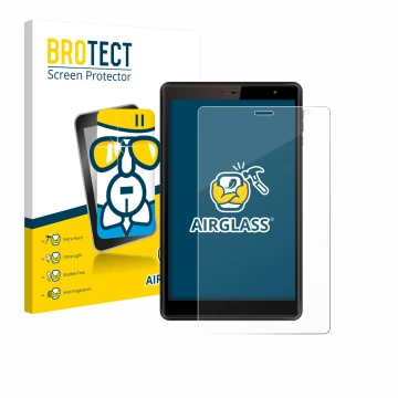 Face avant d’un emballage produit avec le logo de la marque BROTECT. À côté, l’appareil Logicom Tab 80 8