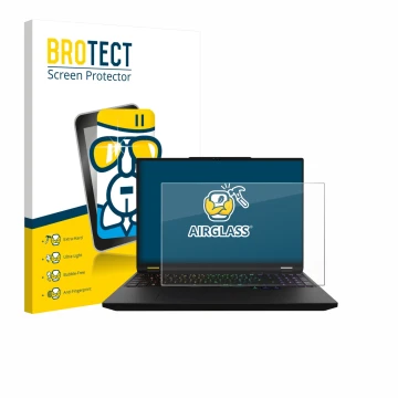 Face avant d’un emballage produit avec le logo de la marque BROTECT. À côté, l’appareil XMG Apex 16 Max est représenté avec la