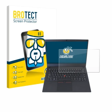 Face avant d’un emballage produit avec le logo de la marque BROTECT. À côté, l’appareil Lenovo ThinkPad E14 Gen 1 est représen