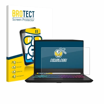 Face avant d’un emballage produit avec le logo de la marque BROTECT. À côté, l’appareil MSI Katana 15 HX B14 est représenté av