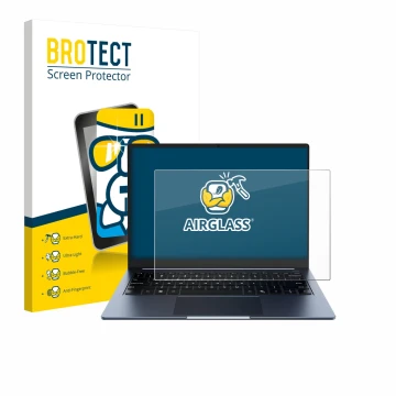 Face avant d’un emballage produit avec le logo de la marque BROTECT. À côté, l’appareil Chuwi CoreBook Air 14
