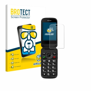 Face avant d’un emballage produit avec le logo de la marque BROTECT. À côté, l’appareil Simvalley Mobile XL-970 est représenté