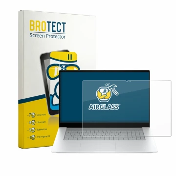 Face avant d’un emballage produit avec le logo de la marque BROTECT. À côté, l’appareil HP OmniBook X 17-de0776ngx est représe