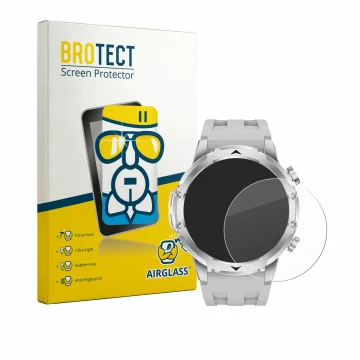 Face avant d’un emballage produit avec le logo de la marque BROTECT. À côté, l’appareil FitVigor Smartwatch 1.53