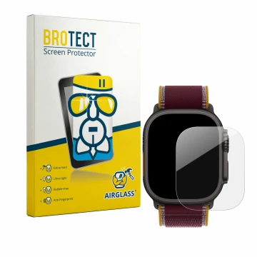 Face avant d’un emballage produit avec le logo de la marque BROTECT. À côté, l’appareil Apple Watch Ultra 4 (49 mm) est représ