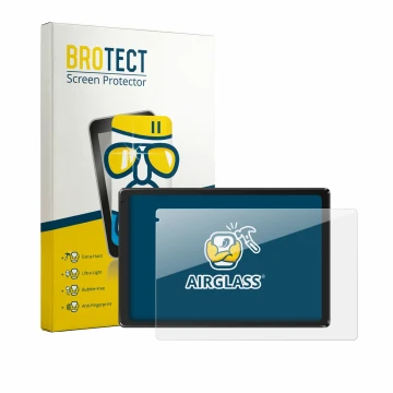 Face avant d’un emballage produit avec le logo de la marque BROTECT. À côté, l’appareil Laptok Tablet 10.1