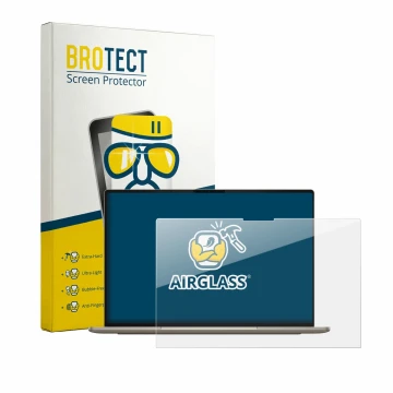 Face avant d’un emballage produit avec le logo de la marque BROTECT. À côté, l’appareil Dell XPS Googlebook est représenté ave