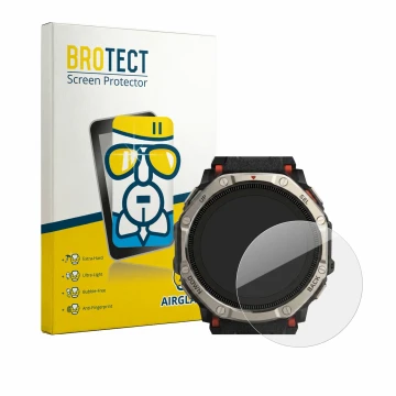 Face avant d’un emballage produit avec le logo de la marque BROTECT. À côté, l’appareil Huami Amazfit T-Rex Dual Solar est rep