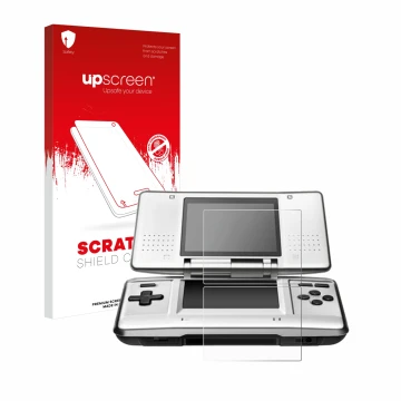 Face avant d’un emballage produit avec le logo de la marque upscreen. À côté, l’appareil Nintendo DS est représenté avec la pr