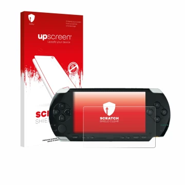 Face avant d’un emballage produit avec le logo de la marque upscreen. À côté, l’appareil Sony PSP 1000 est représenté avec la 