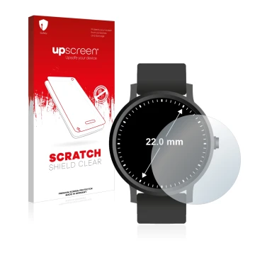 Face avant d’un emballage produit avec le logo de la marque upscreen. À côté, l’appareil Montres (Circulaire, ø: 22 mm) est re