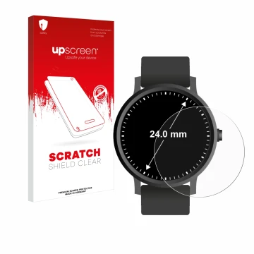 Face avant d’un emballage produit avec le logo de la marque upscreen. À côté, l’appareil Montres (Circulaire, ø: 24 mm) est re