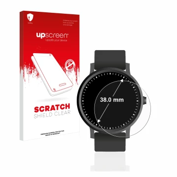 Face avant d’un emballage produit avec le logo de la marque upscreen. À côté, l’appareil Montres (Circulaire, ø: 38 mm) est re