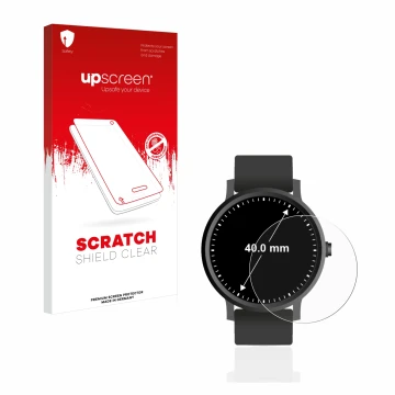 Face avant d’un emballage produit avec le logo de la marque upscreen. À côté, l’appareil Montres (Circulaire, ø: 40 mm) est re