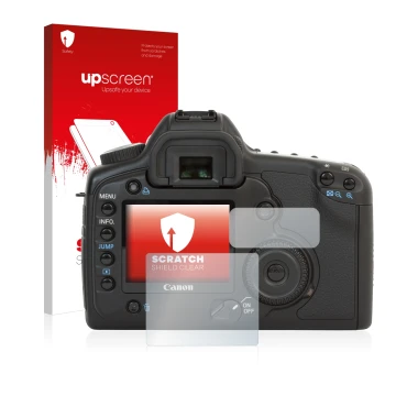 Face avant d’un emballage produit avec le logo de la marque upscreen. À côté, l’appareil Canon EOS 5D est représenté avec la p