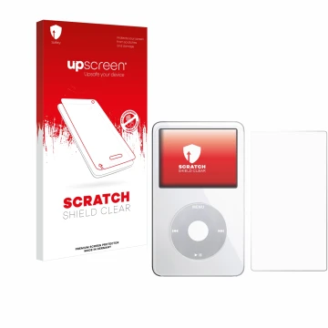 Face avant d’un emballage produit avec le logo de la marque upscreen. À côté, l’appareil Apple iPod Classic Video (Avant+Arriè