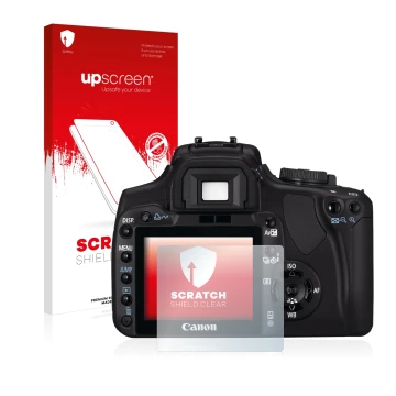 Face avant d’un emballage produit avec le logo de la marque upscreen. À côté, l’appareil Canon EOS 400D est représenté avec la