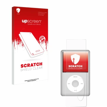 Face avant d’un emballage produit avec le logo de la marque upscreen. À côté, l’appareil Apple iPod Classic (Avant+Arrière, 5.
