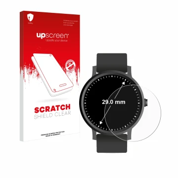 Face avant d’un emballage produit avec le logo de la marque upscreen. À côté, l’appareil Montres (Circulaire, ø: 29 mm) est re