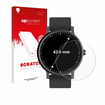 Face avant d’un emballage produit avec le logo de la marque upscreen. À côté, l’appareil Montres (Circulaire, ø: 43 mm) est re