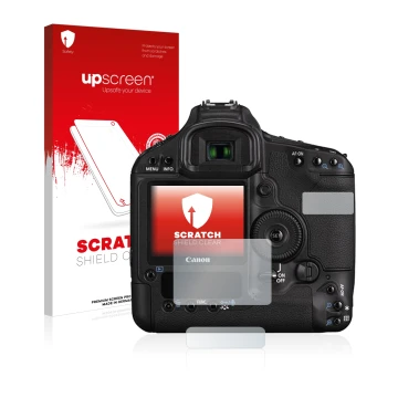 Face avant d’un emballage produit avec le logo de la marque upscreen. À côté, l’appareil Canon EOS 1D Mark III est représenté 