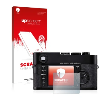 Face avant d’un emballage produit avec le logo de la marque upscreen. À côté, l’appareil Leica M8 est représenté avec la prote