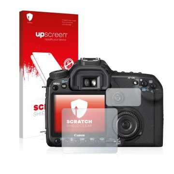 Face avant d’un emballage produit avec le logo de la marque upscreen. À côté, l’appareil Canon EOS 40D est représenté avec la 