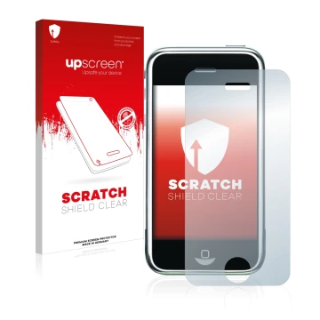 Face avant d’un emballage produit avec le logo de la marque upscreen. À côté, l’appareil Apple iPhone 2G est représenté avec l
