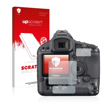 Face avant d’un emballage produit avec le logo de la marque upscreen. À côté, l’appareil Canon EOS 1Ds Mark III est représenté