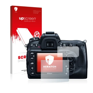 Face avant d’un emballage produit avec le logo de la marque upscreen. À côté, l’appareil Nikon D300 est représenté avec la pro