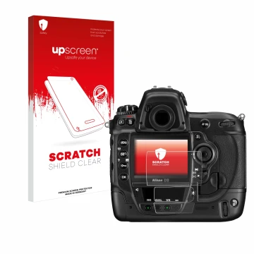 Face avant d’un emballage produit avec le logo de la marque upscreen. À côté, l’appareil Nikon D3 est représenté avec la prote